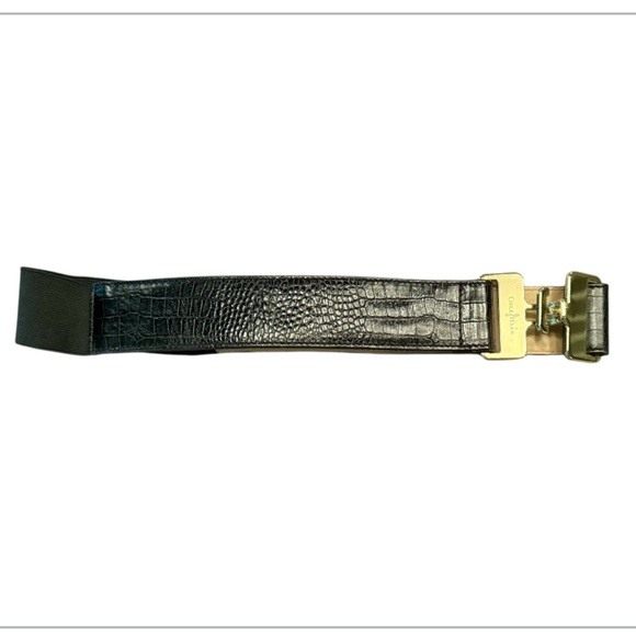 Cole Haan Black/Gold Crocodile Embossed Leather Stretch Back 1.5” Belt Small $90 - Picture 1 of 8